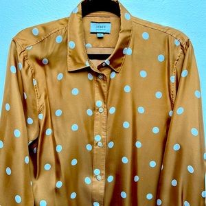 Slim fit silk twill J. Crew shirt in caramel and white polka dot print